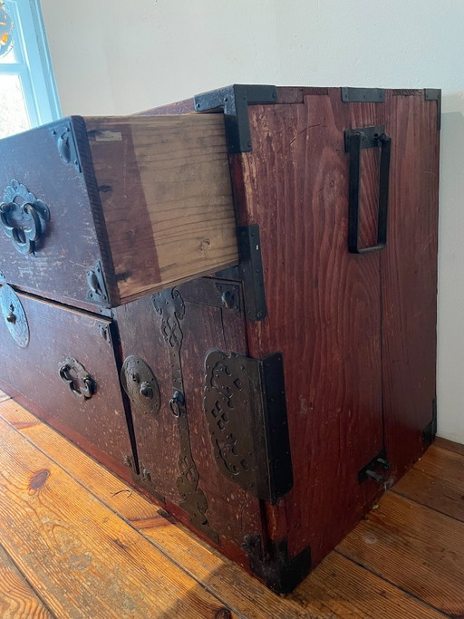 Japanese two-part Sendai isho kasane-dansu clothing chest, lacquered, iron fittings, with hidden drawers, Japan