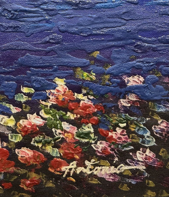 Mixed media painting on retouched canvas, Antonio Wallis 50x70cm, seascape, coast – Paintings & Drawings, Wood (photo 4 of 6)