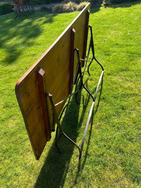 Image 1 of Set Art Nouveau tuinmeubelen in hout en smeedijzer - tafel en 6 stoelen
