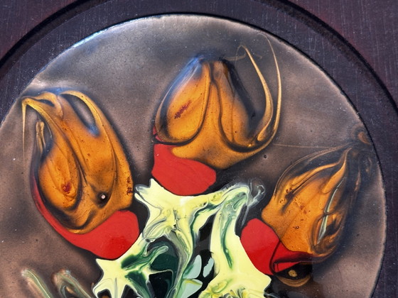 Smalto vintage su rame con decorazione stilizzata di tulipani – Quadro modernista incorniciato – Anni '60-'70 (photo 6 of 10)