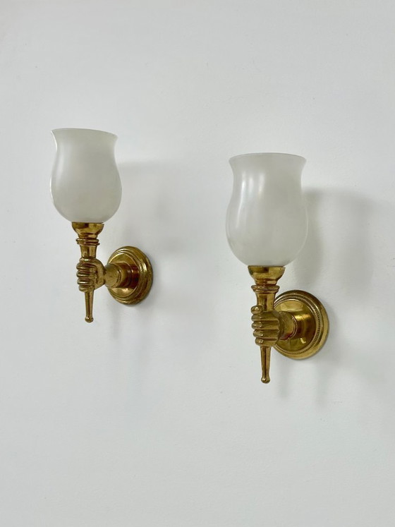 Image 1 of Pair of vintage wall lights, Maison Jansen, patinated solid brass and opaline glass, France, 1960
