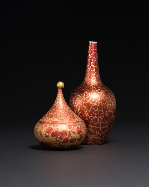 Vase Duo en porcelaine peinte à la main, rouge Goldfeuer, Hans Wohlrab Rosenthal H. Drexler