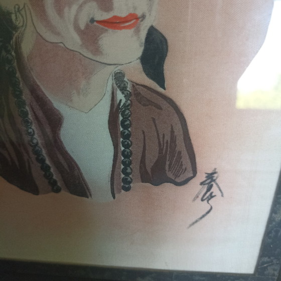 Image 1 of Antiek Vietnamees portret op zijde & hout (jaren 50) – Uniek mid-century
