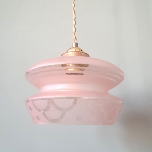 Vintage hanglamp - rose opaline glas met frosted textuur en decoratie 