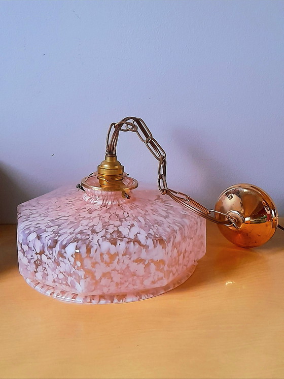Image 1 of Art-Deco-Pendelleuchte aus Glas mit Rosenmuster