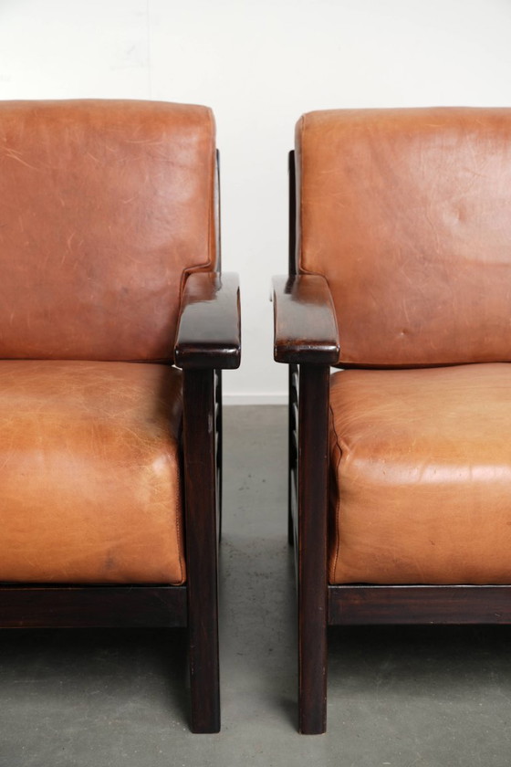 2 begehrenswerte cognacfarbene Rindsleder Art Deco Sessel aus dem 20. Jahrhundert – Leather (photo 10 of 13)