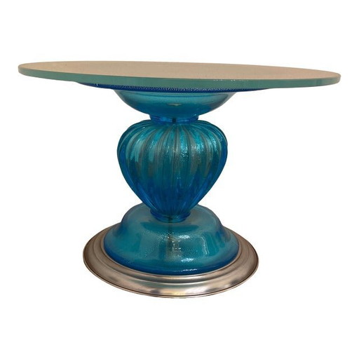 Tavolino da caffè in stile vetro di Murano blu e argento veneziano italiano degli anni '80