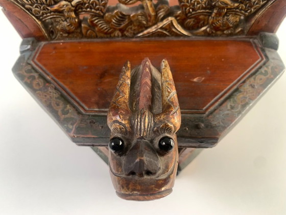 Image 1 of Antique 19th-C. Chinese Carved Wood Tea Caddy – Phoenix & Dragon Motifs 