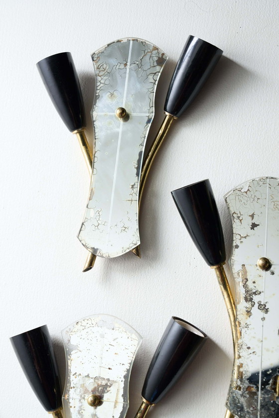 Brass and Mirrored Glass Wall Lamp, 1950s, Wall lights, Plastic, Black, Mid Century Modern (photo 11 of 14)