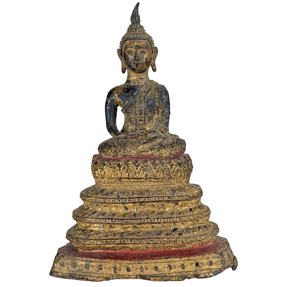 Statue antique dorée de Bouddha Naga Thaï – Protection Muchalinda – 19 cm – Sculptures, Bronze, Brass (photo 2 of 10)