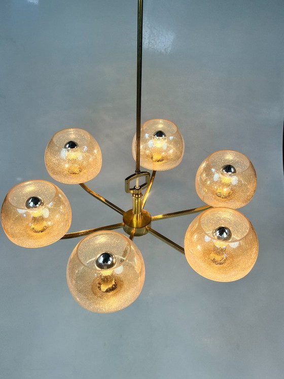 Image 1 of Vintage Brass Chandelier/Pendant Lamp, 6 Arms, Amber Bubble Glass