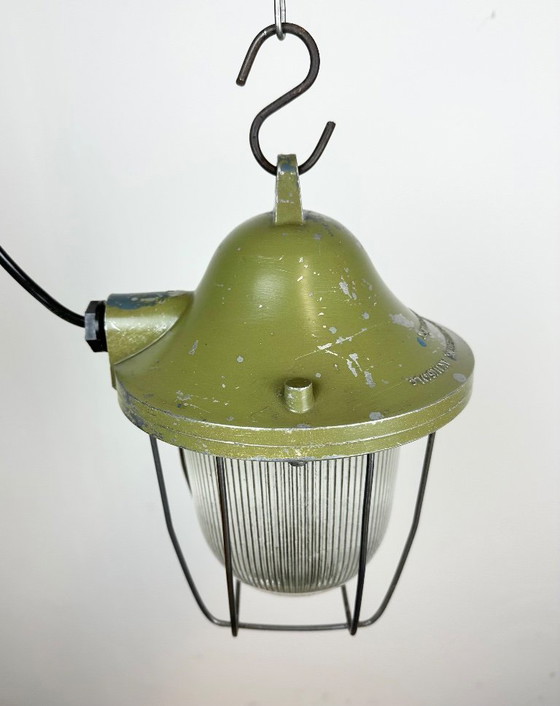 Image 1 of Groene industriële bunkerlamp van Polam Gdansk, jaren 70