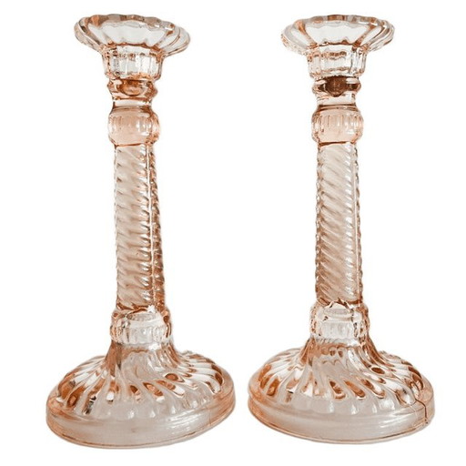 Vintage Paar Art Deco Rosaline Kandelaars Roze Glas Pavillons 1920's – kandelaars en kaarsen