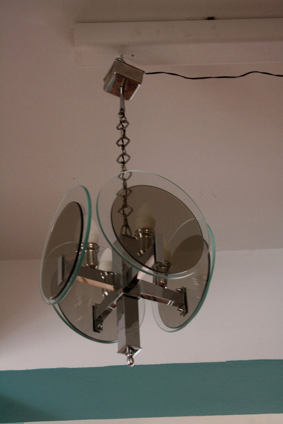 Image 1 of Lustre Vintage Art Déco en métal chromé et verre, Italie, années 1970