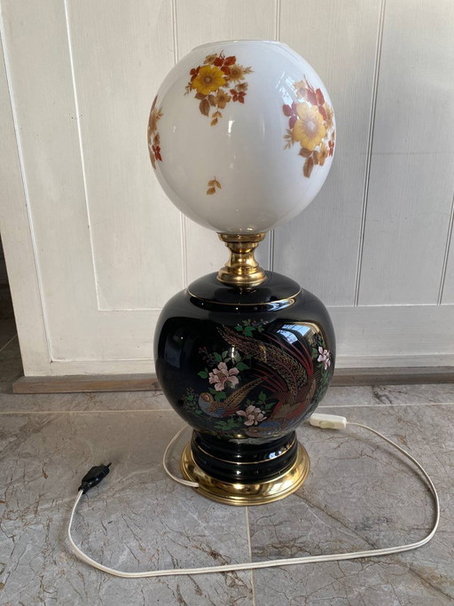 Large Table Lamp, Electrified Vintage Oil Lamp Style – Floral and Bird Decor – decoratieve objecten, Klassiek