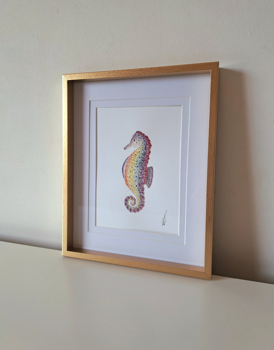 Image 1 of Original watercolor seahorse rainbow including frame
