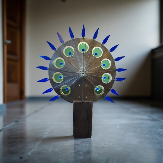 Image 1 of Artful light object brass and oak, Netherlands 1970s