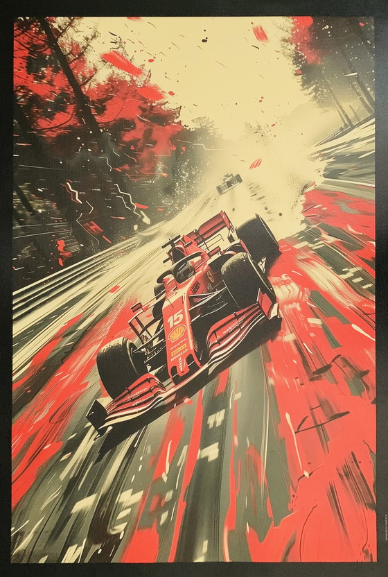 Image 1 of Ferrari, sur le circuit de Monza. Signé dans la plaque.