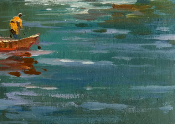 Image 1 of Original Oil Painting Summer River Landscape At the summer yacht club