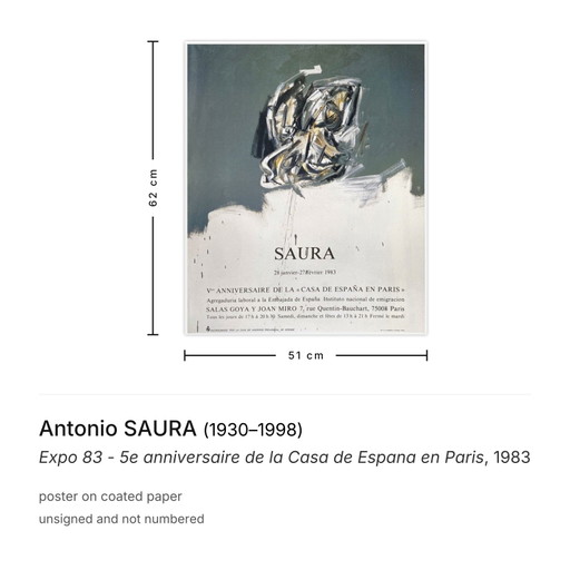 Antonio SAURA Expo 83 - 5e anniversaire de la Casa de Espana en Paris poster 198