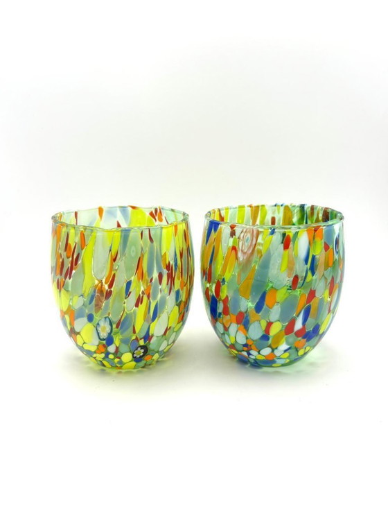 Image 1 of Set di 6 bicchieri in vetro soffiato veneziano con murrine Effetre Murano fuse nel vetro, hand made in italy.