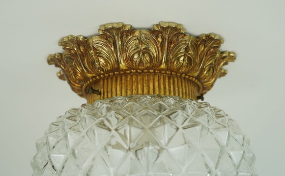 Image 1 of Plafondlamp uit het midden van de vorige eeuw, massief Belgisch getextureerd glas, verguld aluminium, jaren 70