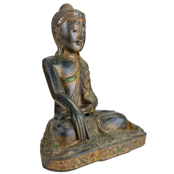 Antieke houten Mandalay Boeddha met glas inleg, Myanmar, ca. 1880 – Beeldhouwkunst, Wood (photo 2 of 10)