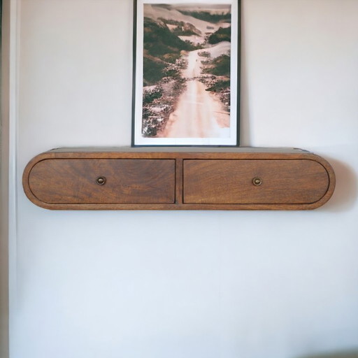 Mesa consola flotante London en madera maciza de mango con acabado en color marrón castaño.