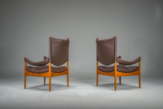 Image 1 of  Mid-Century Modern Danish Oak and Leather Lounge Chairs with Ottoman by Kristian Vedel for Søren Wiladsen, 1960s, Set of 3