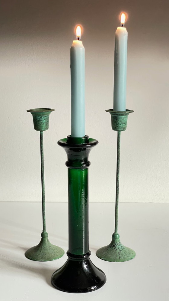 Image 1 of Vintage Glass and Metal Candle Holders Green