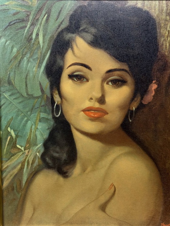 Image 1 of Portret van een jonge vrouw (Lolita) door Vandersyde. Gedrukt op canvas in een houten lijst, jaren 70.