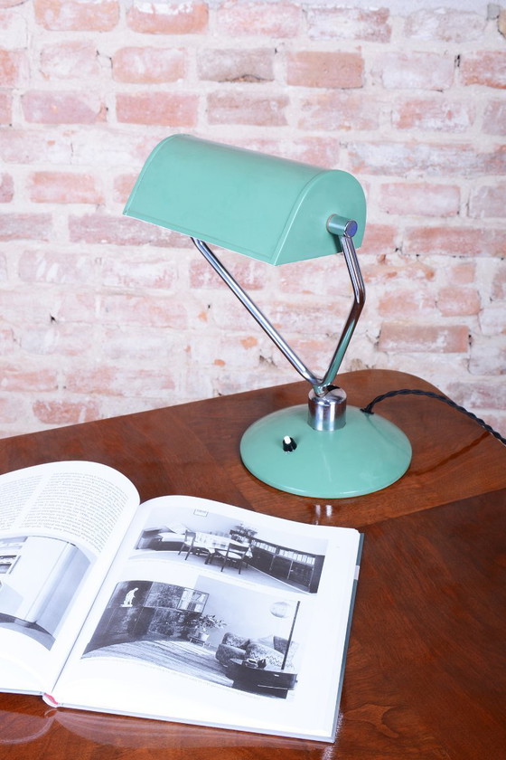Original Mid-Century Table Lamp, by NAPAKO, Chrome-Plated Steel, Czech, 1950s, Metal, Green (photo 6 of 13)