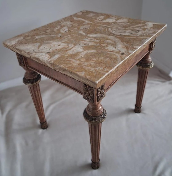 Image 1 of Antieke bijzettafel in Louis XVI-stijl met blad van brokaatmarmer – Vintage vergulde bijzettafel