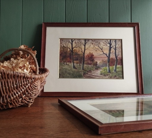 François-Joseph GIROT. Autumn Landscapes. Pair of framed watercolors.
