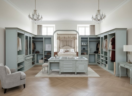 Image 1 of Vestidor clásico abierto en azul claro/gris perla con isla central multifuncional.