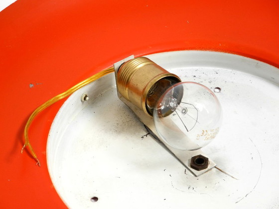 Image 1 of Grote Mid Century wand- of plafondlamp van glas met metalen reflector in rood van Kaiser Leuchten