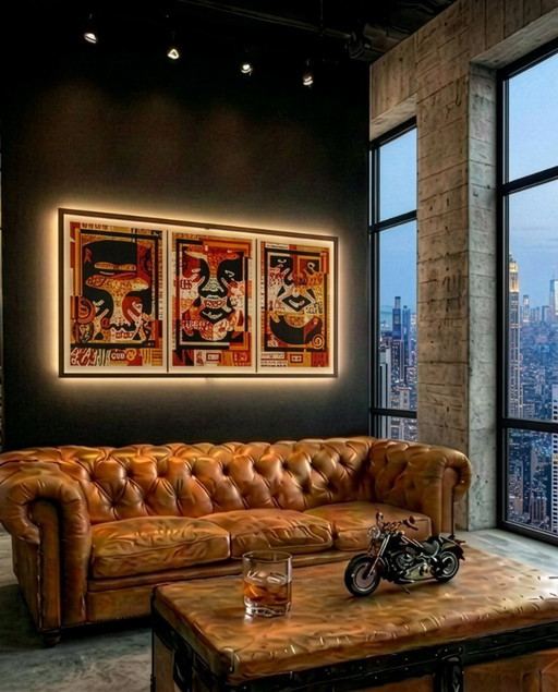 Shepard Fairey (Obey), "3-Face Collage". Triptiek van offsetlithografieën, gesigneerd en gedateerd, 2020