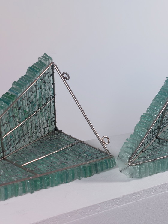 Image 1 of Pair of handmade French glass and metal wire wall lamps, shard decor