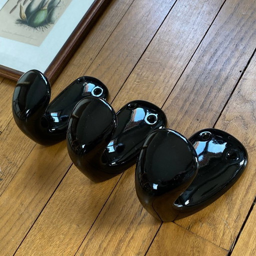3 antique wall-mounted coat hooks, black porcelain ceramic, for coats and towels, vintage 1950s