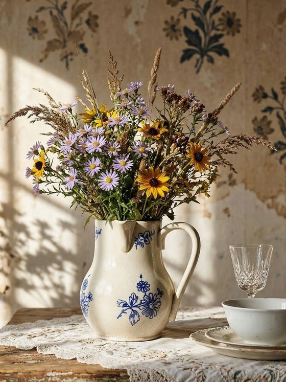 Fine earthenware pitcher with blue decoration, att. Saint-Uze, 19th century, ST Uze, Crockery, Ceramic, Creme (photo 2 of 14)