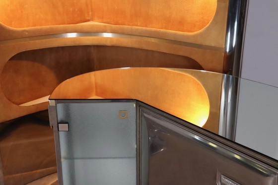 Image 1 of Suede and Chrome Dry Bar with Barstools in Cognac by Willy Rizzo, Italy 1970s
