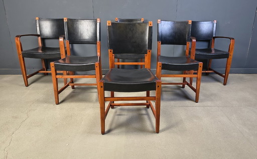 Vintage Spaanse eetkamerstoelen van leer en hout, set van 6 - jaren 70