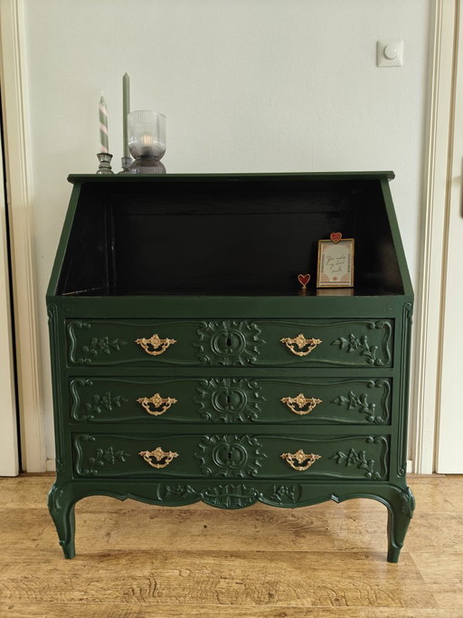Vintage green secretary cabinet with gold fittings / desk