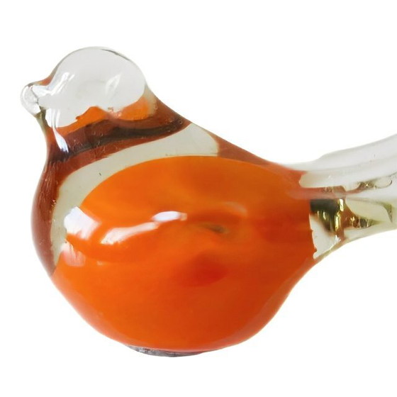 Image 1 of Presse-papier en verre soufflé à la bouche, petit oiseau de style Murano, figurine d'oiseau orange des années 1980