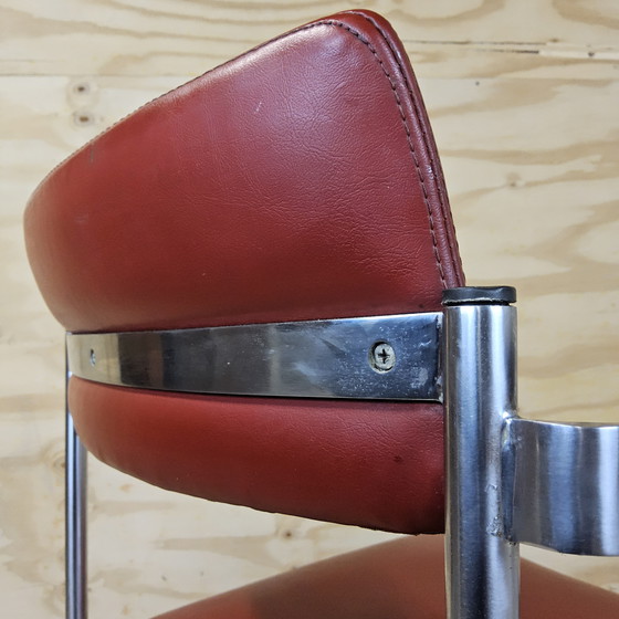 Image 1 of Set of 2 Vintage red leatherette and chrome design chairs with armrests (1950s / 1950s)
