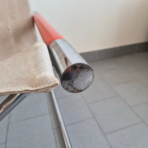 Image 1 of Poltrona pieghevole vintage giapponese, anni '70, in acciaio cromato e arancione e tela di iuta.