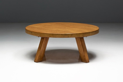 Brutalist Round Coffee Table in Solid Wood, France, 1960s