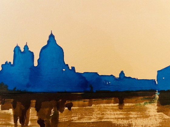 Image 1 of Acuarela bicolor firmada "Crepúsculo sobre Venecia"