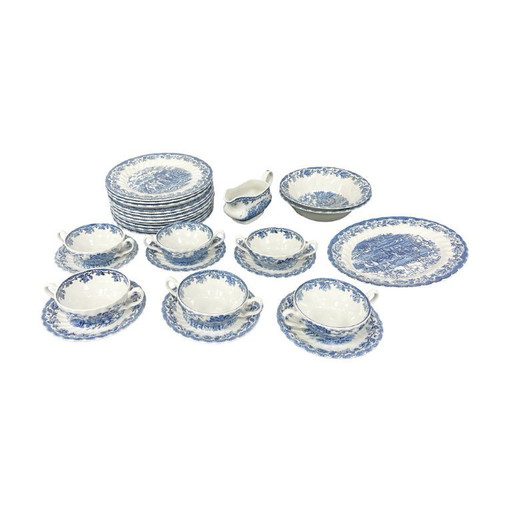Myott’s Country Life Dinner Set for 6, Blue, 1950s England