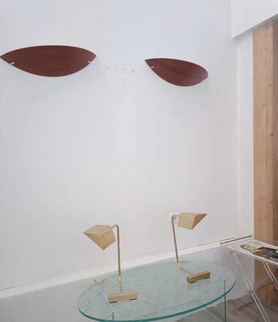 Image 1 of Par de apliques de madera y latón de Declic, años 80